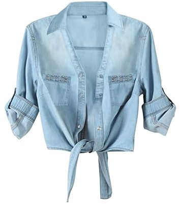 AMEBELLE Damen Roll-up 3/4 Ärmel Krawatte vorne Knoten Shirt Chambray Denim Crop Top, 03 Hellblau, Mittel