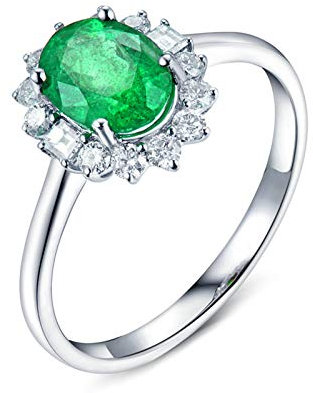 Lieson Weißgold Ring Frauen 750 18K, Hochzeit Ring Damen Klassisch Oval Smaragd 0.79ct mit Diamant 0.24ct Verlobung Ringe Weißgold Große 52 (16.6)