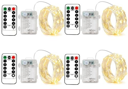 BXROIU 4 x 50er Micro LED Lichterkette Batterie 8 Modi, mit Fernbedienung Timer,auf 5Meter Silberdraht für Party, Garten, Weihnachten, Halloween, Hochzeit und zur dekorativen Beleuchtung (Warmweiß)