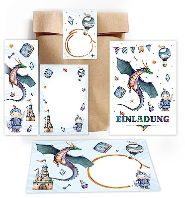 12 Einladungskarten zum Kindergeburtstag Junge Ritter incl. 12 Umschläge, 12 Partytüten/natur, 12 Aufkleber, 12 Lesezeichen, 12 Mini-Notizblöcke
