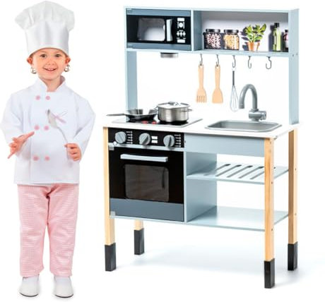 Cocina para niños de Madera Element - Gris - Cocina de Madera Infantil con Horno, microondas, fogones con Luces y Sonidos, Cocinita para niños y niñas con Accesorios