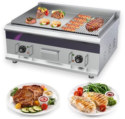 RUYICZB Plancha Eléctrica Profesional Parrilla Eléctrica para Cocinar De Acero Inoxidable, Dos Zonas De Parrilla Separadas, 6000W, 70X40cm Acanalado Y Liso Grill Electrico Temperatura 50-300°C