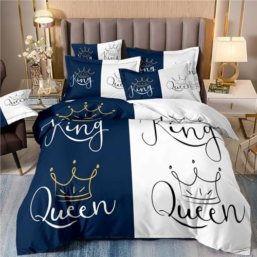 Freyamy Partner Bettwäsche 200x220cm 3teilig Marineblau Weiß Mr.&Mrs. 3D Bettwäsche für Paare 100% Mikrofaser Pärchen Bettwaren-Sets Liebhaber Bettbezug mit Reißverschluss und 2 Kissenbezug 80x80cm