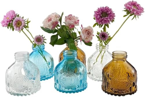 MEETOZ Glass Bud Vases Set of 6,Mini Vintage Bottles,for Home Wedding Party Event Office,Petite Modern Glass Flower Vase Floral Arrangements (Mixed Color)