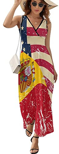 Vestido largo casual con la bandera de Estados Unidos y España para mujer, vestido de verano sin mangas, vestido de playa 2XL