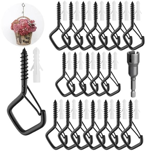 20Pcs Screw Hooks Outdoor, Q Hanger Hooks for Outdoor Lights with Drill Bit, Safety Buckle Hook Design - Black Metal Ceiling Hooks for Outdoor Lights, Plants Bird Feeder Wind Chime and Decor Hanging