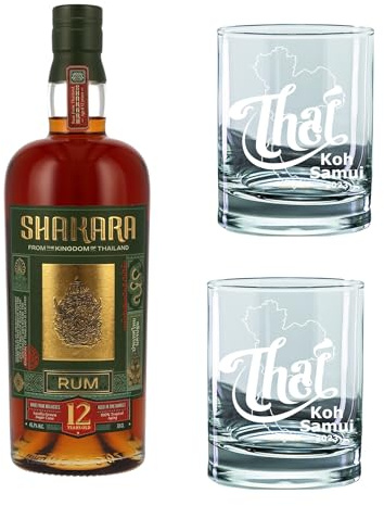 Geschenkset 2 Gläser + 1 Flasche Rum, personalisierte lasergravierte Geschenkidee Ihr Text gravierte Rumgläser, Geschenkbox (Thai-Design11, 200ml RumGlas, Shakara Rum 45,7% Vol)
