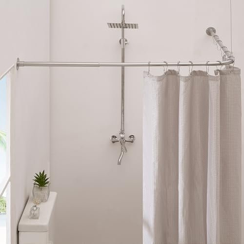 Crkmire Angolare Tenda Doccia, 99-174 cm x 139-214 cm Regolabile L Forma Doccia Rod 90 Gradi Tenda Rod per Bagno Vasca da bagno con 12 Anelli Ganci & Supporto Soffitto - Grigio Argento