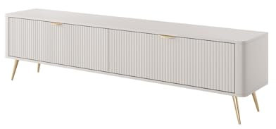 BETTSO - TV Kommode Beige Matt - Fernsehschrank mit Klapptüren, dekorativen Rillen und hohen Metallbeinen in Gold - 200 cm breit, 51 cm hoch - TV Schrank, Kommode Wohnzimmer, Lowboard