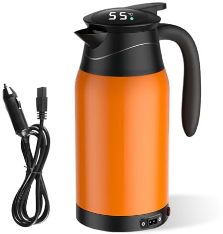 Vegena Wasserkocher Auto, Auto Wasserkocher 12V, 1000ml Wasserkocher für Auto mit Temperaturanzeige Edelstahl Reisewasserkocher Auto, Wasserkocher Auto Zigarettenanzünder Tragbarer Auslaufsicher
