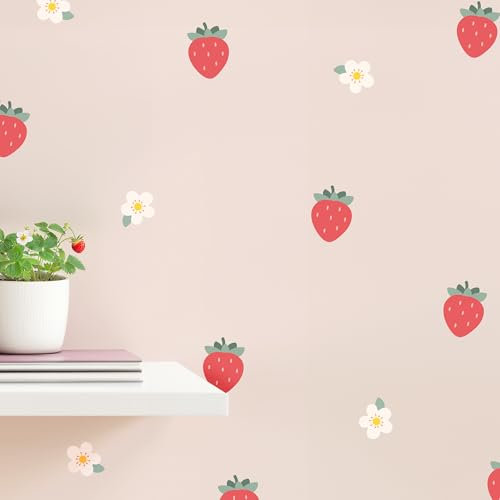Klebekerlchen® | Wandtattoo Kinderzimmer Mädchen & Junge, Wandsticker selbstklebend, wiederverwendbare & rückstandsfreie Kinderzimmer Deko – Wandtattoo Erdbeeren und Blumen Sticker (Set 18 Motive)