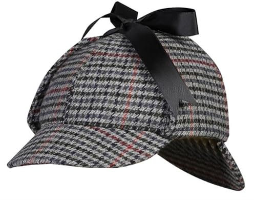 Heavyoff Herren Deerstalker Mütze Detektive Hut Wollmischung Tweedkappe Zwei Brims Beret Grau 5 Groß