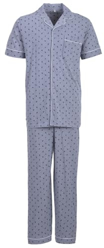 Henry Terre Herren Pyjama Punkte & Zweige Muster Kurzarm Schlafanzug Set Baumwolle durchgeknöpft, Farbe:hellgrau, Größe:L