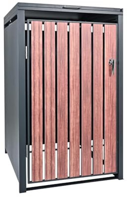 DWD Garden Single Wheelie Bin Hideaway 120L / 240L Waste Bin,Storage Shed w/Locking Doors Assisted lift up Lid easy use Outdoor Hygienic Dustbin Unit Cover Steel Matt Grey with Oak Slat Effect Door