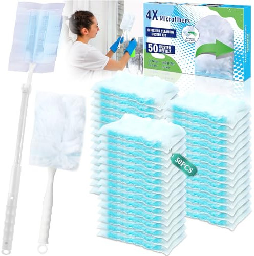 BBLTIFF 50 Pièces Plumeau Poussiere Kit avec 1 Poignée et 1 Perche Télescopique, Duster Recharges Dépoussiérantes, Recharges Duster, Attrape-Poussière pour Nettoyer La Poussière, Les Cheveux