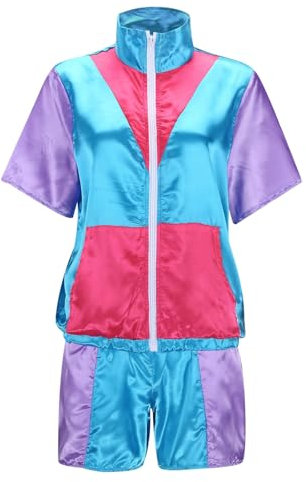 80er Jahre Sportanzug Damen Retro Trainingsanzug Kurzarm Jacke und Shorts Set, Neon, Kurze Ärmel, Reißverschluss vorne, elastische Taille Karnevalsanzug
