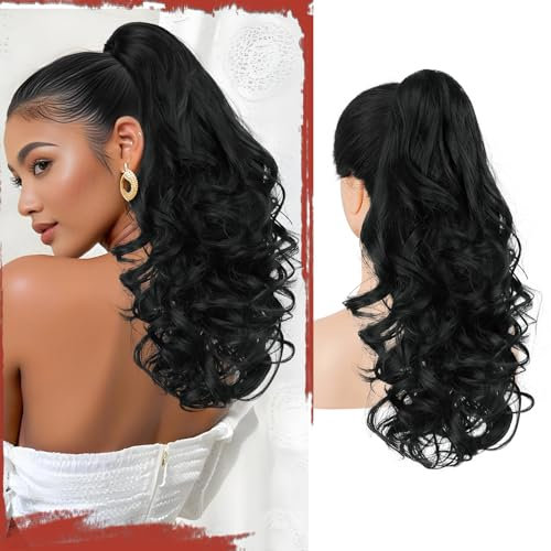 Sofeiyan Pferdeschwanz Haarteil mit Klammer, Lange Wellig Lockig Zopf Extension Claw Clip in Ponytail Extension Synthetik Haarverlängerung für Damen, 43 cm Schwarz