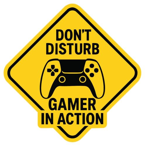 Autocollant de porte Gamer – Don't Disturb Gamer in Action Sign Autocollant en vinyle jaune pour chambre d'adolescent, configuration de jeu, salle de console, mur ou surface de PC