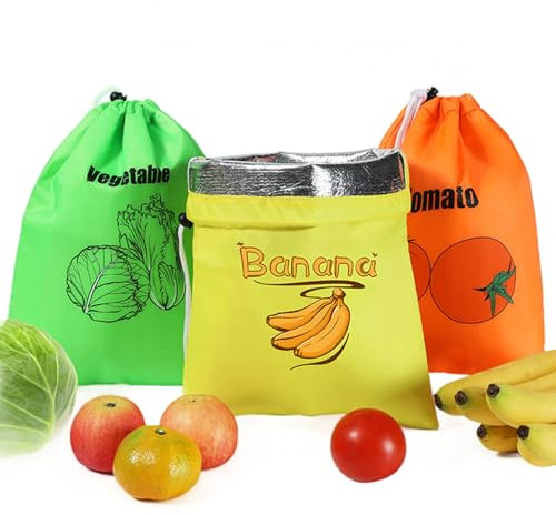 Kalastussaari 3Pcs Banana Bag with Drawstring, 14x11in Reusable Vegetable Fruit Storage Containers for Fridge with Foil Lining, Safe Fridge Fruit Fresh for Bananas Vegetables Tomatoes