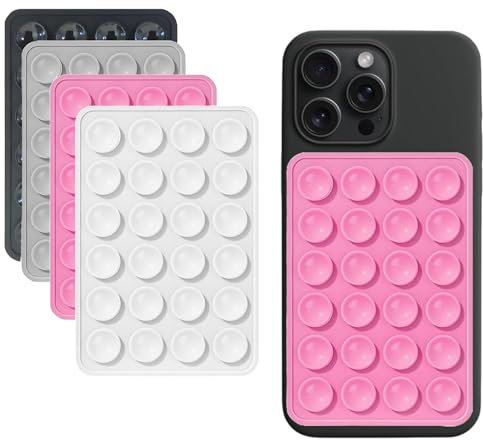 4 Pack Reusable Sticky Phone Suction Pads – Wall Mount Phone Holders for Smartphones, Multi-Colour Anti-Slip Adhesive Pads for Hands-Free Use – Black, White, Gray, Pink