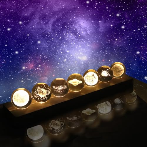 3D Planeten Kristallkugel Nachtlicht,Sonnensystem Glaskristallkugeln LED-Licht mit Holzsockel,Leuchtende Natürliche Kristall-Quarz-Heilkugeln Ornament für Schlafzimmer,Wohnzimmer (Warmes Licht)