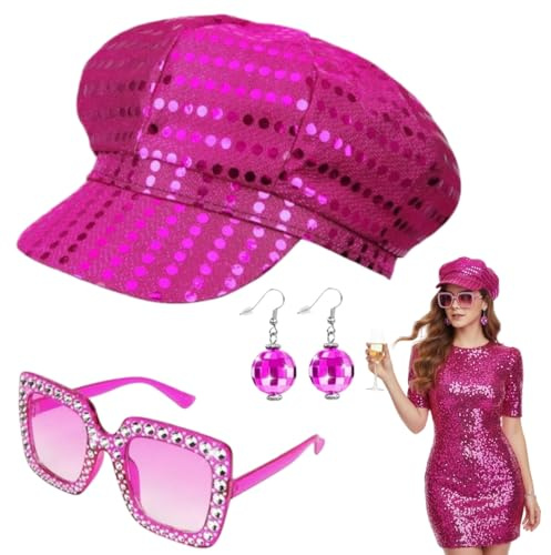 EYWILYWI 3 teiliges 70er Jahre Disco Kostüm Set Pailletten Glitzerhut Glitzer Sonnenbrille und Ohrringe Retro Abba Zubehör für Frauen Perfekt für Themenpartys und Disco Kostüme