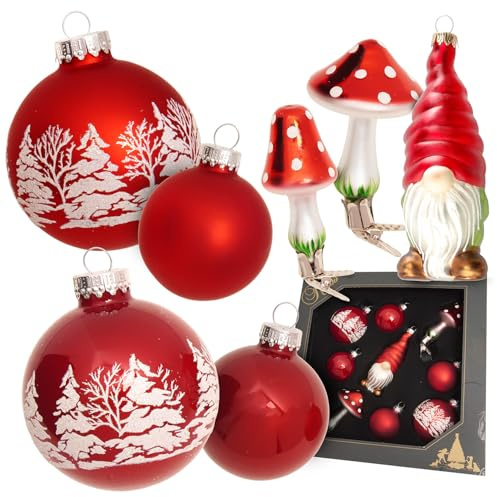 Krebs Glas Lauscha Baumschmuck Sortiment Skandinavien Rot 10 cm - 9-teilig - mundgeblasen & handdekoriert - Festliche Weihnachtskugeln & Anhänger