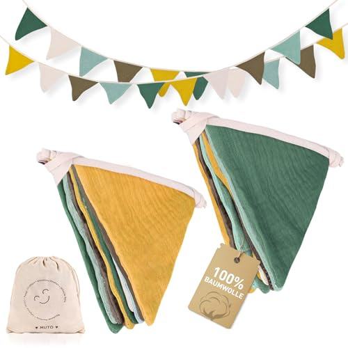 MutoToy 2 Stück Wimpelkette Kinderzimmer, Girlande Kinderzimmer Deko Gelb | 2.8m Wimpelkette Stoff aus Musselin Baumwolle Girlande Kinderzimmer Deko für Hausbett, Babyzimmer, Wanddeko (Gelb)