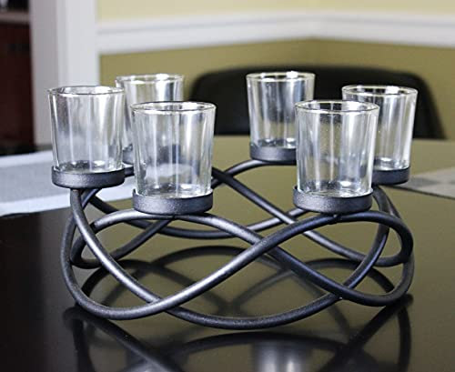 Seraphic Iron Round Table Decor Centerpiece Decorations Candle Holder for Weddings, Patio, Kitchen, Dining Room, and Coffee Tables, Glass Votive Tealight Holders, Black, 6 Clear Cups