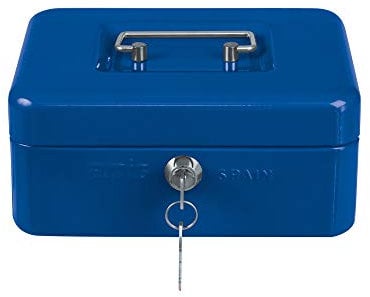 Amig - Sicher | Geldkassette | Safe für Geld, Scheine und Münzen | Mit Münzfach und 2 Schlüsseln | Stahl | Farbe: Blau| 200 x 160 x 90 mm