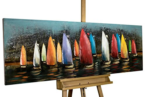 KunstLoft Metallbild 3D | 100% HANDGEFERTIGT | 144x44x5.5cm | Wandbild Metall Deko 'Speedy Boats' | Segelboote | Bunt | Metall Wanddeko Wohnzimmer