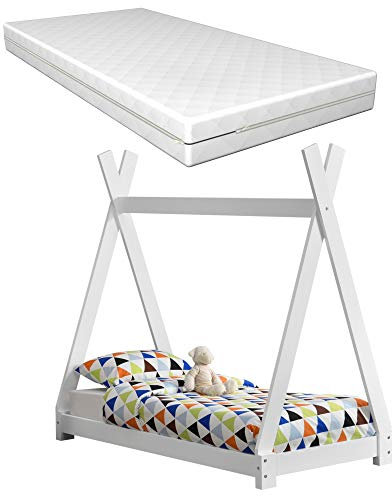 [en.casa] Kinderbett Weiß mit Matratze 70x140cm Tipi-Design Kiefernholz Bett Holzbett Hausbett Kaltschaummatratze Öko-Tex Standard 100 Allergikergeeignet Atmungsaktiv