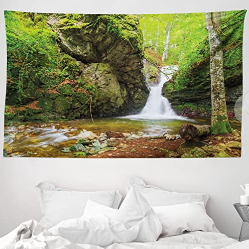 ABAKUHAUS Landschaft Wandteppich und Tagesdecke, Frühling Wasserfall Natur aus Weiches Mikrofaser Stoff Waschbar ohne Verblassen Digitaldruck, 230 x 140 cm, Grün Weiß