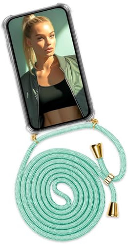 ONEFLOW Handykette für iPhone 12 Pro Max Hülle mit Band, Handyhülle mit Kette abnehmbar, Handyband zum Umhängen, Handy Umhängeband Lange Handykordel, Twist Case – Mint Grün