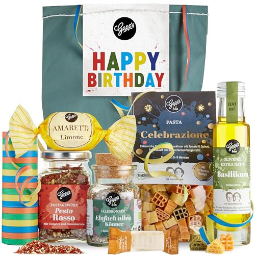 Happy Birthday Geschenkset - Gepp’s Feinkost I Überraschungstüte gefüllt mit handgemachter Pasta, Pesto-Rosso Gewürz, Bio Alleskönner Gewürz & Basilikumöl I Gourmet Geschenk-Set