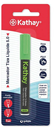 Kathay 86212620. Marcador Tiza Líquida, Borrable, Verde, Punta 5mm, Tinta Base Agua, Punta Reversible, Perfecto para Pizarras, Cristal, Plásticos o Espejos