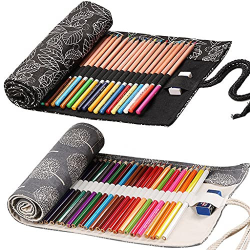 Leinwand Pencil Wrap, Ouceanwin 2 Stücke 36 Löcher Leinwand Stifterolle Tragbar Tasche Federmäppchen Schlamperrolle Stiftehalter Mäppchen Bleistiftkasten für Künstler Reisen Schule
