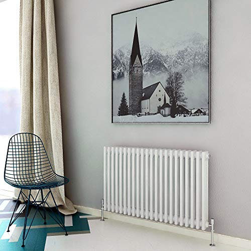 Acezanble∣3 Column Radiator, Horizontal 600mm White Wide Low Cast Iron Style Radiator Centre Heating for Window Hallway