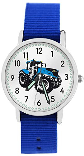 Pacific Time Kinder Armbanduhr Jungen Traktor für Kinder blau Trecker Kinderuhr Auto Car Textilarmband Leuchtzeiger Analog Quarz 87610