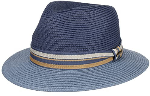 Stetson Romaro Toyo Traveller Strohhut Herren UV-Schutz 40+ Breite Krempe Gestreifte Ripsbandgarnitur Frühjahr Sommer blau L (58-59 cm)