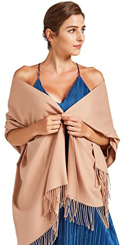 VaneriHome Schal Damen Frühling Herbst einfarbig mit Quaste Elegante Stola für Freizeit Abendkleid Hochzeit 190x63cm, Kamel