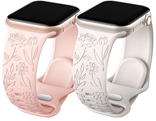 Oielai 2 Stück Floral Gravierte Armband Kompatibel mit Apple Watch Armband 40mm 41mm 38mm Damen, Weiches Silikon Sportarmband für Apple Watch SE/iWatch Series 9 8 7 6 5 4 3 2 1, Sandrosa/Sternenlicht