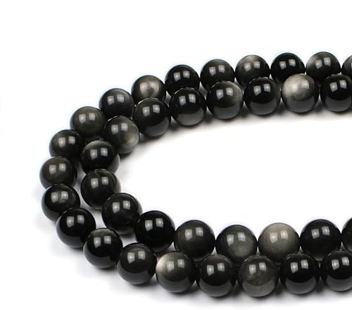 MJDCB Natural Round Stone Beads 12mm Silver Eye Obsidian Loose Gemstone Beads for Jewelry Making Bracelet Necklace 30pcs