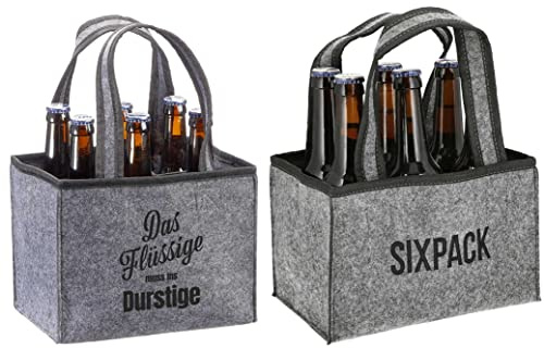Novaliv 2er Set Flaschenträger 6 Flaschen Bierträger DAS FLÜSSIGE MUSS INS DURSTIGE & Sixpack Männerhandtasche Filz Herrenhandtasche Bier Flaschentasche 22,5x15x14cm (LxBxH)