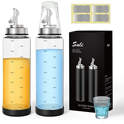 Suli Mundspülspender für Badezimmer, 2 Stück, 500 ml, Glas-Mundspülbehälter mit beschwertem Edelstahlauslauf, wiederverwendbare Glasbecher, Etiketten