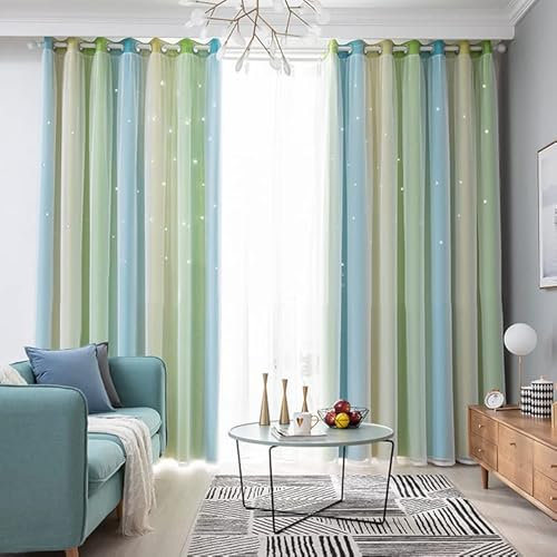 Freyamy Gardinen Grün Blau Weiß Glänzend Sterne Vorhänge Blickdicht Kinderzimmer Halbtransparent H 210 X B 132cm Ösenvorhang 2er Set Mädchen Kindervorhänge Gardinen Verdunkelungsvorhang Wohnzimmer