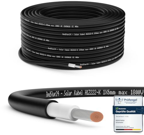 RedStar24 Premium Solarkabel 6mm² Schwarz - 40m - TÜV SÜD geprüft - UV-beständig, flexibel, Photovoltaik Kabel, PV Kabel, Solar Anschlusskabel für Solarpanel, Wechselrichter & Laderegler - langlebig