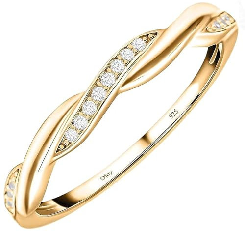 TJC White Cubic Zirconia CZ Crossover Ring for Women in Yellow Gold Plated 925 Sterling Silver Size J Promise Friendship Band with Prong Setting Metal Wt. 1.7 Grams