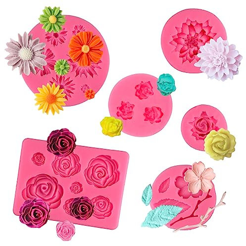 6 Stück Silikonform Fondant Mini Blumen Blätter Fondant Formen Rosen Kleine Gänseblümchen Blätter Schmetterling Fondant Kuchenform 3D Backform Silikon für Schokolade Zuckerguss Backen Dekoration