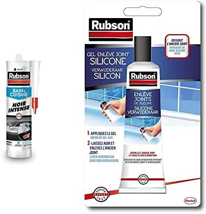Rubson Mastic Bain & Cuisine Couleur Noir Intense, Joint silicone multi-matériaux renforcé en antifongiques, 280 ml & Enlève Joints Silicones, décapant spécialement, tube de 80 ml